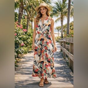 DR2 Tropical Print Sleeveless Maxi Dress XL Lined Drawstring Waist NWT